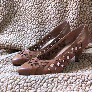 Cottagecore Boho Woven Leather Cutout Pumps Cognac Brown‎ Vintge Fayva 7.5M